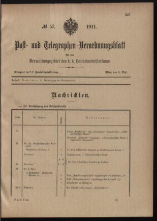 Post- und Telegraphen-Verordnungsblatt für das Verwaltungsgebiet des K.-K. Handelsministeriums 19110505 Seite: 1