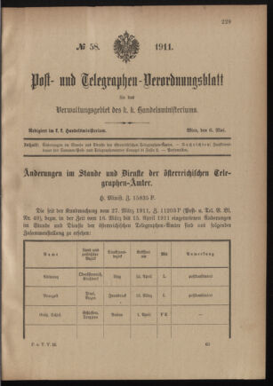 Post- und Telegraphen-Verordnungsblatt für das Verwaltungsgebiet des K.-K. Handelsministeriums 19110506 Seite: 1