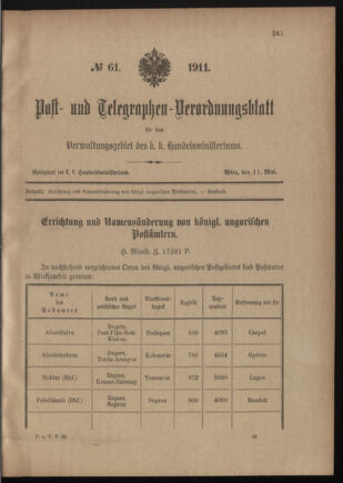 Post- und Telegraphen-Verordnungsblatt für das Verwaltungsgebiet des K.-K. Handelsministeriums 19110511 Seite: 1