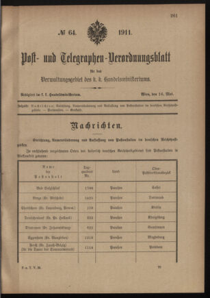 Post- und Telegraphen-Verordnungsblatt für das Verwaltungsgebiet des K.-K. Handelsministeriums 19110516 Seite: 1