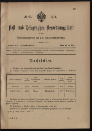 Post- und Telegraphen-Verordnungsblatt für das Verwaltungsgebiet des K.-K. Handelsministeriums 19110519 Seite: 1