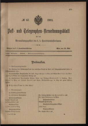 Post- und Telegraphen-Verordnungsblatt für das Verwaltungsgebiet des K.-K. Handelsministeriums 19110522 Seite: 1