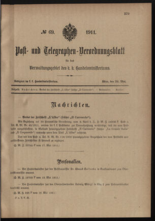 Post- und Telegraphen-Verordnungsblatt für das Verwaltungsgebiet des K.-K. Handelsministeriums 19110526 Seite: 1