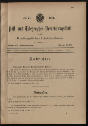 Post- und Telegraphen-Verordnungsblatt für das Verwaltungsgebiet des K.-K. Handelsministeriums 19110529 Seite: 1