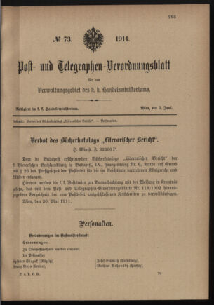 Post- und Telegraphen-Verordnungsblatt für das Verwaltungsgebiet des K.-K. Handelsministeriums 19110603 Seite: 1