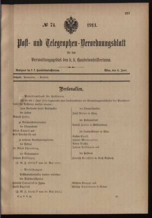 Post- und Telegraphen-Verordnungsblatt für das Verwaltungsgebiet des K.-K. Handelsministeriums 19110606 Seite: 1