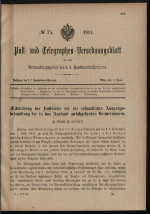 Post- und Telegraphen-Verordnungsblatt für das Verwaltungsgebiet des K.-K. Handelsministeriums 19110609 Seite: 1