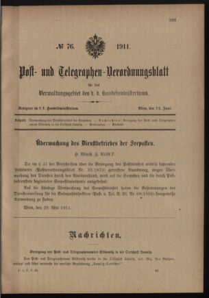 Post- und Telegraphen-Verordnungsblatt für das Verwaltungsgebiet des K.-K. Handelsministeriums 19110612 Seite: 1