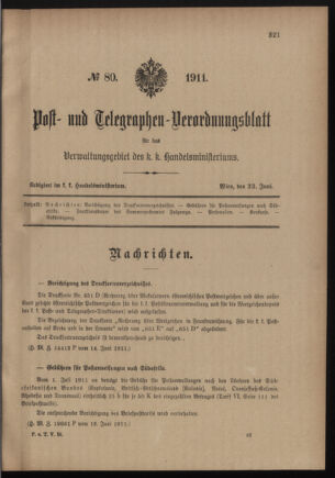 Post- und Telegraphen-Verordnungsblatt für das Verwaltungsgebiet des K.-K. Handelsministeriums 19110623 Seite: 1