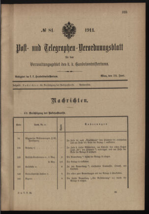 Post- und Telegraphen-Verordnungsblatt für das Verwaltungsgebiet des K.-K. Handelsministeriums 19110624 Seite: 1