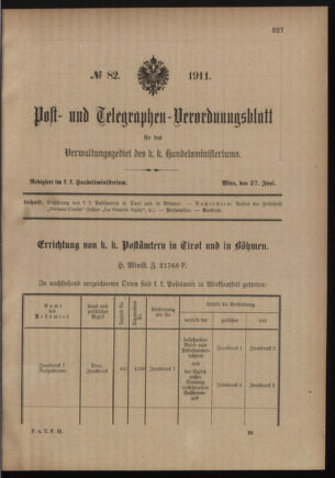 Post- und Telegraphen-Verordnungsblatt für das Verwaltungsgebiet des K.-K. Handelsministeriums 19110627 Seite: 1