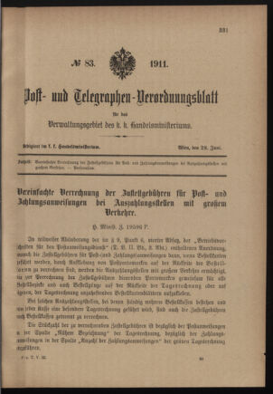 Post- und Telegraphen-Verordnungsblatt für das Verwaltungsgebiet des K.-K. Handelsministeriums 19110628 Seite: 1