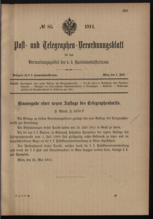 Post- und Telegraphen-Verordnungsblatt für das Verwaltungsgebiet des K.-K. Handelsministeriums 19110701 Seite: 1