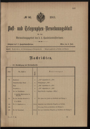 Post- und Telegraphen-Verordnungsblatt für das Verwaltungsgebiet des K.-K. Handelsministeriums 19110704 Seite: 1