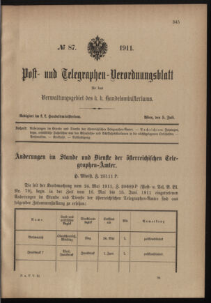 Post- und Telegraphen-Verordnungsblatt für das Verwaltungsgebiet des K.-K. Handelsministeriums 19110705 Seite: 1