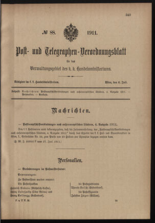 Post- und Telegraphen-Verordnungsblatt für das Verwaltungsgebiet des K.-K. Handelsministeriums 19110706 Seite: 1