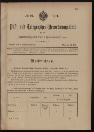 Post- und Telegraphen-Verordnungsblatt für das Verwaltungsgebiet des K.-K. Handelsministeriums 19110712 Seite: 1