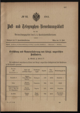 Post- und Telegraphen-Verordnungsblatt für das Verwaltungsgebiet des K.-K. Handelsministeriums 19110713 Seite: 1