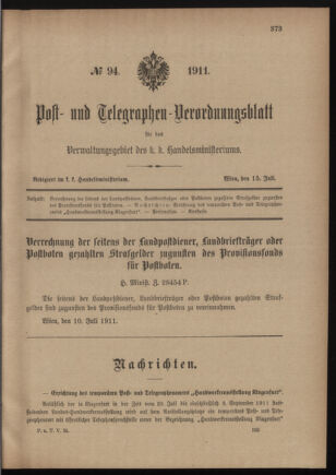 Post- und Telegraphen-Verordnungsblatt für das Verwaltungsgebiet des K.-K. Handelsministeriums 19110715 Seite: 1