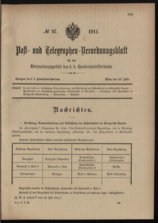 Post- und Telegraphen-Verordnungsblatt für das Verwaltungsgebiet des K.-K. Handelsministeriums 19110722 Seite: 1