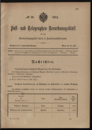 Post- und Telegraphen-Verordnungsblatt für das Verwaltungsgebiet des K.-K. Handelsministeriums 19110725 Seite: 1