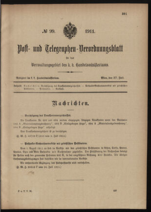 Post- und Telegraphen-Verordnungsblatt für das Verwaltungsgebiet des K.-K. Handelsministeriums 19110727 Seite: 1