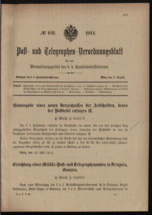 Post- und Telegraphen-Verordnungsblatt für das Verwaltungsgebiet des K.-K. Handelsministeriums 19110805 Seite: 1