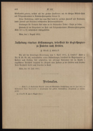 Post- und Telegraphen-Verordnungsblatt für das Verwaltungsgebiet des K.-K. Handelsministeriums 19110805 Seite: 2