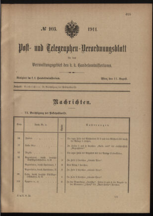 Post- und Telegraphen-Verordnungsblatt für das Verwaltungsgebiet des K.-K. Handelsministeriums 19110811 Seite: 1