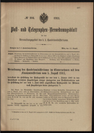 Post- und Telegraphen-Verordnungsblatt für das Verwaltungsgebiet des K.-K. Handelsministeriums 19110812 Seite: 1