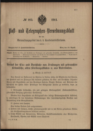 Post- und Telegraphen-Verordnungsblatt für das Verwaltungsgebiet des K.-K. Handelsministeriums 19110818 Seite: 1