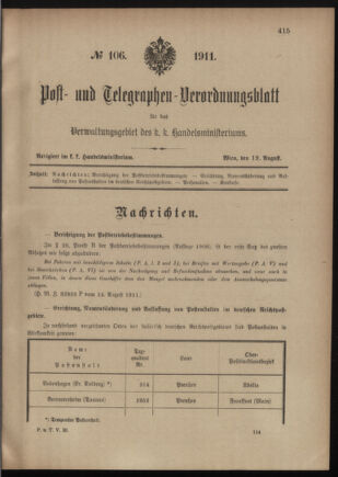 Post- und Telegraphen-Verordnungsblatt für das Verwaltungsgebiet des K.-K. Handelsministeriums 19110819 Seite: 1