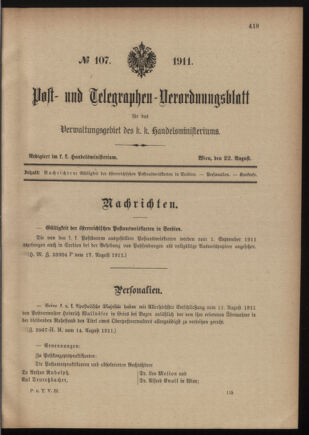 Post- und Telegraphen-Verordnungsblatt für das Verwaltungsgebiet des K.-K. Handelsministeriums 19110822 Seite: 1