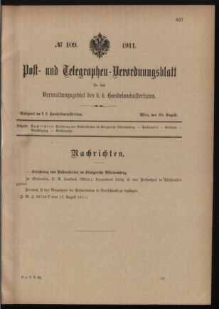 Post- und Telegraphen-Verordnungsblatt für das Verwaltungsgebiet des K.-K. Handelsministeriums 19110830 Seite: 1