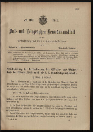 Post- und Telegraphen-Verordnungsblatt für das Verwaltungsgebiet des K.-K. Handelsministeriums 19110902 Seite: 1