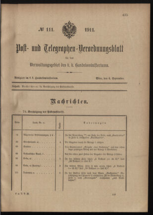 Post- und Telegraphen-Verordnungsblatt für das Verwaltungsgebiet des K.-K. Handelsministeriums 19110904 Seite: 1