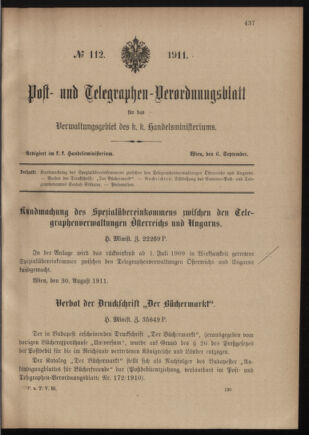 Post- und Telegraphen-Verordnungsblatt für das Verwaltungsgebiet des K.-K. Handelsministeriums 19110906 Seite: 1