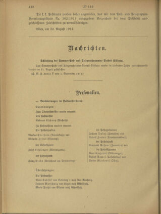 Post- und Telegraphen-Verordnungsblatt für das Verwaltungsgebiet des K.-K. Handelsministeriums 19110906 Seite: 2