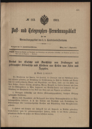 Post- und Telegraphen-Verordnungsblatt für das Verwaltungsgebiet des K.-K. Handelsministeriums 19110907 Seite: 1