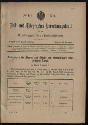 Post- und Telegraphen-Verordnungsblatt für das Verwaltungsgebiet des K.-K. Handelsministeriums 19110912 Seite: 1