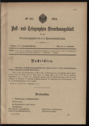 Post- und Telegraphen-Verordnungsblatt für das Verwaltungsgebiet des K.-K. Handelsministeriums 19110914 Seite: 1