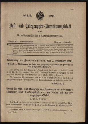 Post- und Telegraphen-Verordnungsblatt für das Verwaltungsgebiet des K.-K. Handelsministeriums 19110915 Seite: 1