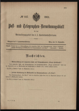 Post- und Telegraphen-Verordnungsblatt für das Verwaltungsgebiet des K.-K. Handelsministeriums 19110919 Seite: 1