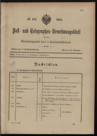 Post- und Telegraphen-Verordnungsblatt für das Verwaltungsgebiet des K.-K. Handelsministeriums 19110920 Seite: 1