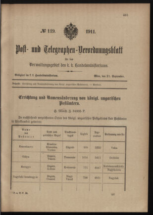 Post- und Telegraphen-Verordnungsblatt für das Verwaltungsgebiet des K.-K. Handelsministeriums 19110921 Seite: 1