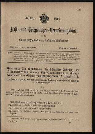 Post- und Telegraphen-Verordnungsblatt für das Verwaltungsgebiet des K.-K. Handelsministeriums 19110922 Seite: 1