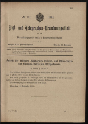 Post- und Telegraphen-Verordnungsblatt für das Verwaltungsgebiet des K.-K. Handelsministeriums 19110923 Seite: 1