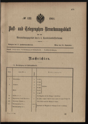 Post- und Telegraphen-Verordnungsblatt für das Verwaltungsgebiet des K.-K. Handelsministeriums 19110926 Seite: 1