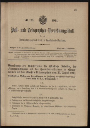 Post- und Telegraphen-Verordnungsblatt für das Verwaltungsgebiet des K.-K. Handelsministeriums 19110927 Seite: 1