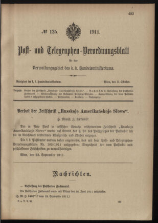 Post- und Telegraphen-Verordnungsblatt für das Verwaltungsgebiet des K.-K. Handelsministeriums 19111003 Seite: 1